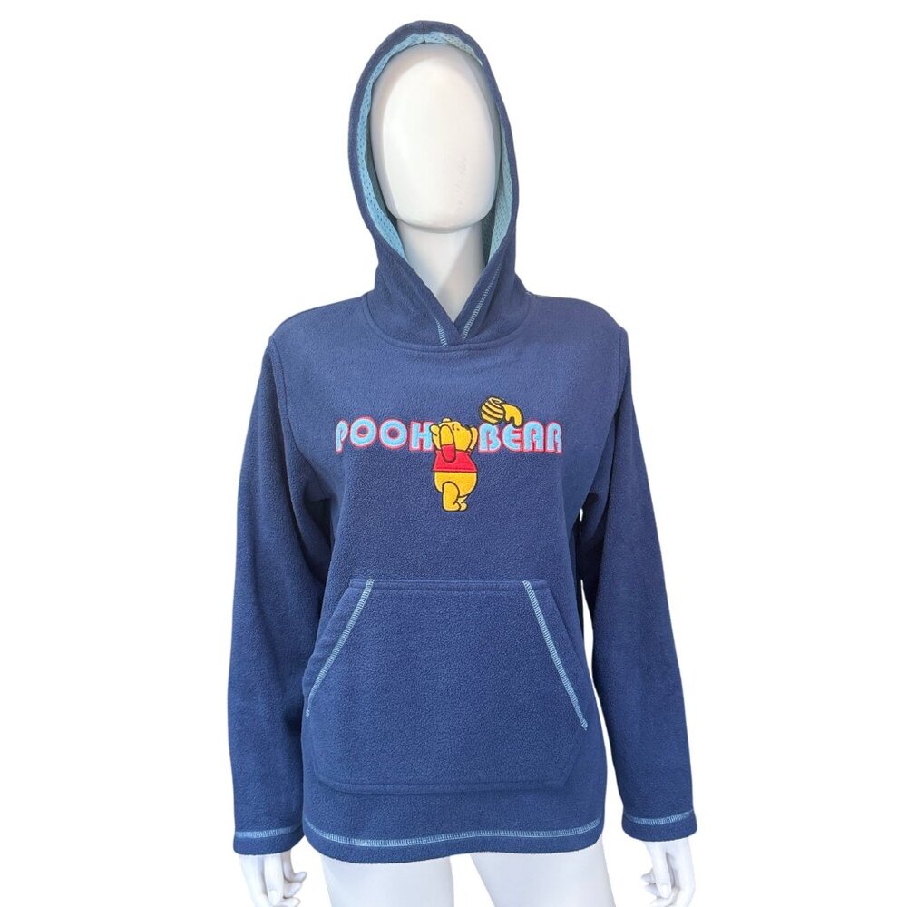 Disney Pooh Fleece Hoodie Womens L Blue Embroidered Pullover Soft Warm